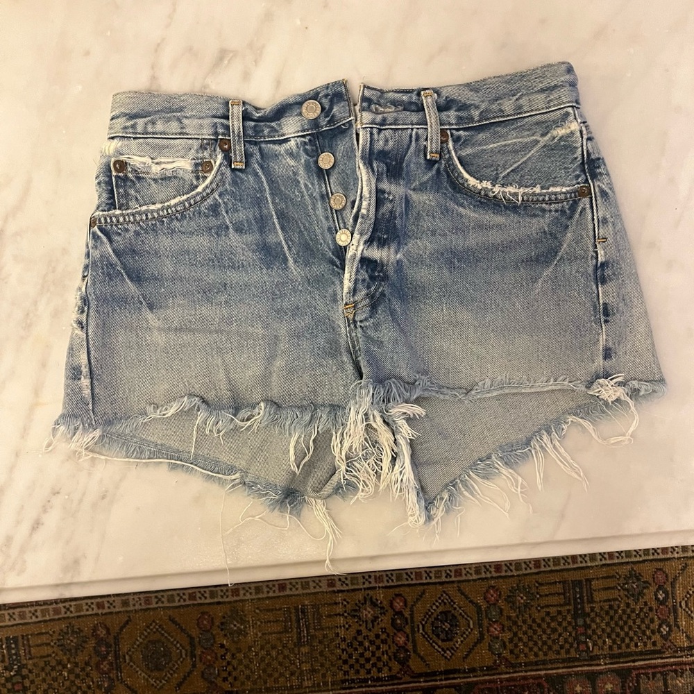 Agolde Light Blue Distressed Jean Shorts